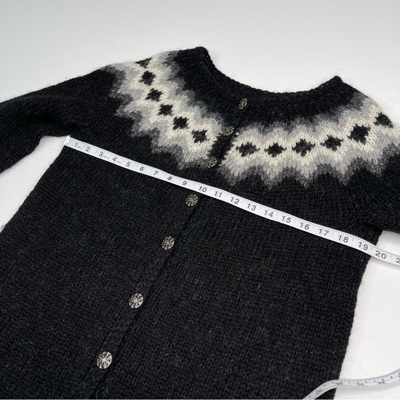 Fair Isle Cardigan Sweater Hand Knit Iceland Wool Black Grey Fisherman Apres Ski - Picture 12 of 15